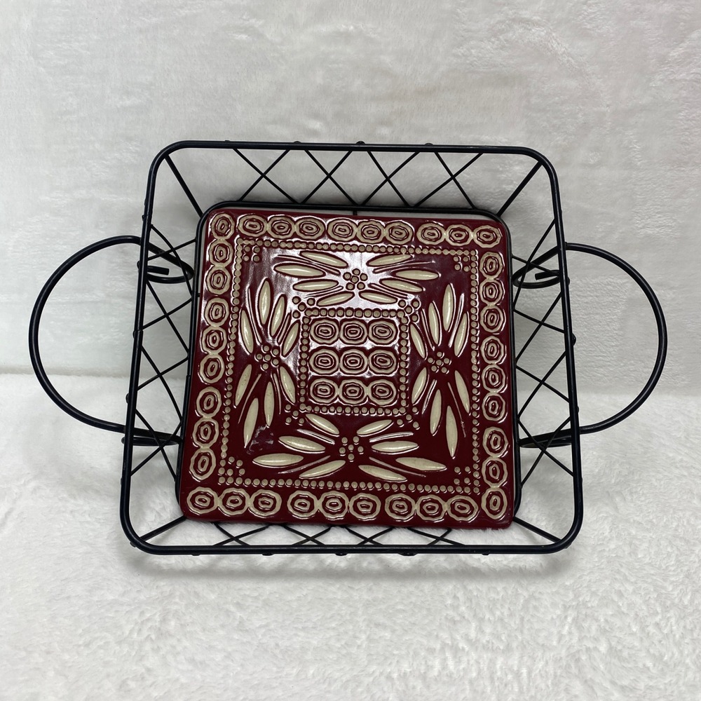 Christmas‎ Dinner Red Tile Bread Basket Black Metal Wire Tray Display